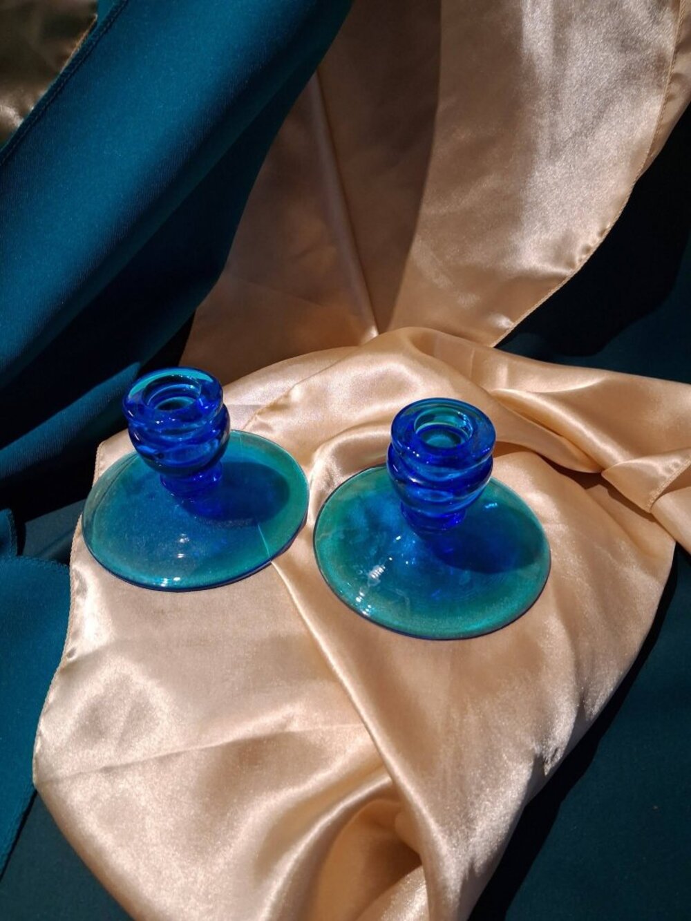Vintage Aqua Teal Blue Glass Candlestick Holders, Mid-Century Modern Art Glass